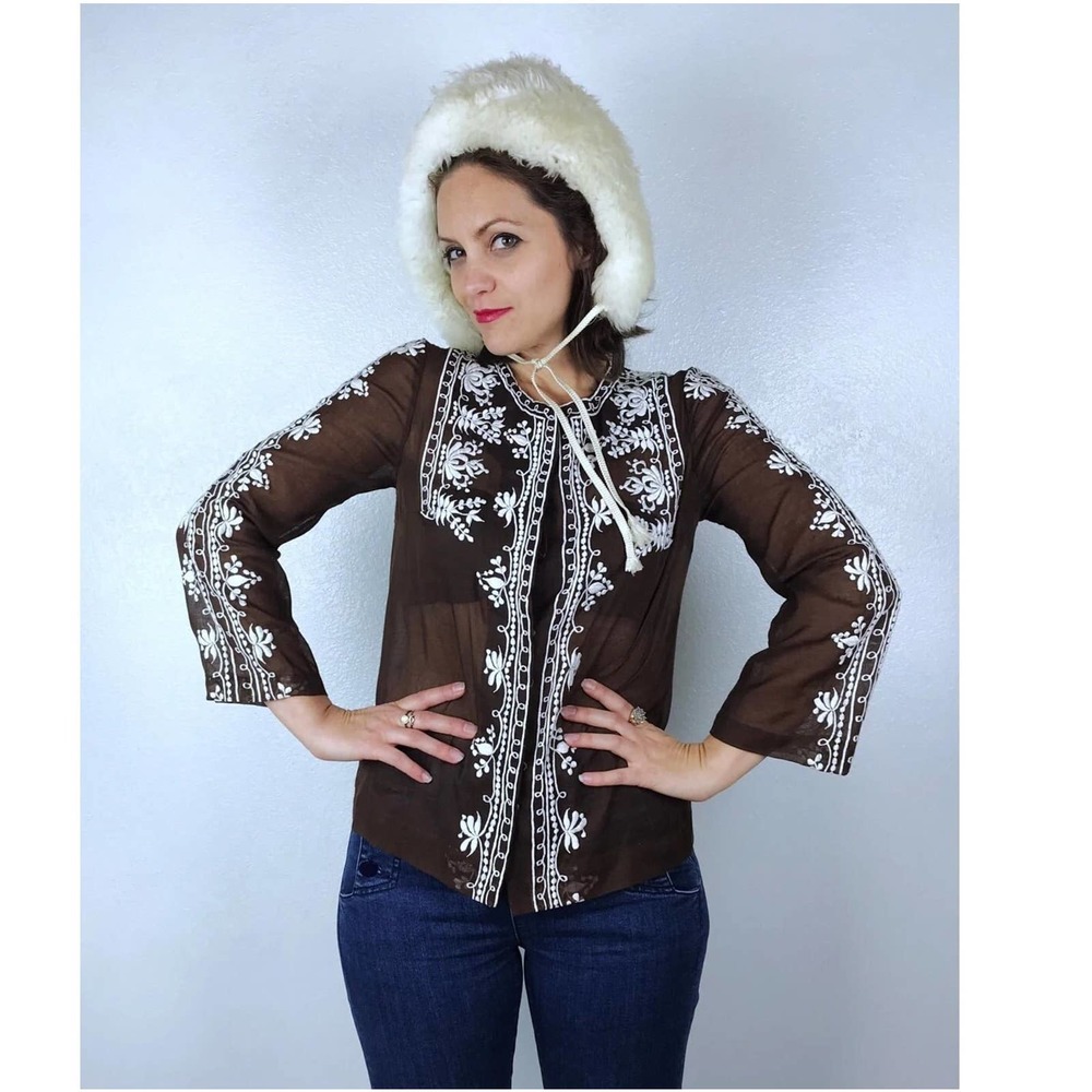 vintage 70s Brown HAND EMBROIDERED hippie TUNIC Small boho festival button up